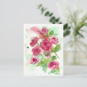 ピンクのバラの花 水彩画 フラワーアート ポストカード (スタンド正面)
