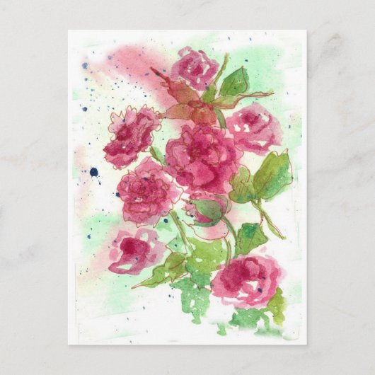 ピンクのバラの花 水彩画 フラワーアート ポストカード (正面)