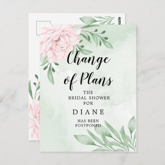 ピンクのバラの葉の色変わる日 ブライダルシャワーのお知らせ ポストカード (正面/裏面)