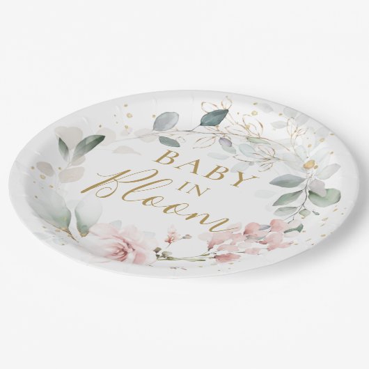 ピンクのバラの葉の赤ちゃんシャワー ペーパープレート (アングル)