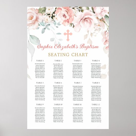 ピンクのバラの葉クロスバプテスマのシーティングチャート ポスター (正面)
