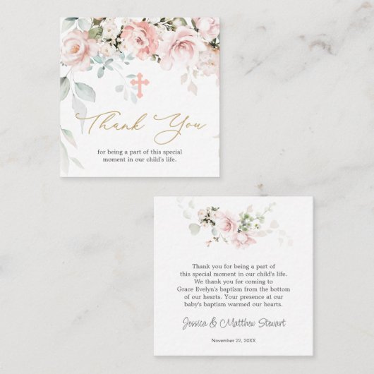 ピンクのバラの葉バプテスマありがとう名刺 スクエア名刺 (正面/裏面)