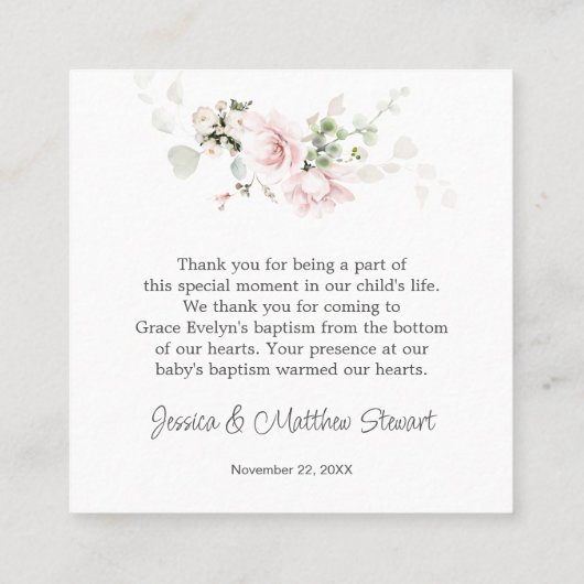 ピンクのバラの葉バプテスマありがとう名刺 スクエア名刺 (裏面)