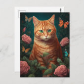 ピンクのバラの葉書き入り美少女猫 ポストカード (正面/裏面)