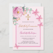 ピンクのバラの蝶アーチ最初の聖餐式 招待状 (正面)
