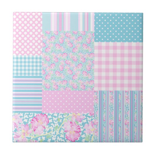 ピンクのバラの蝶フェイクなパッチワークのセラミックタイル タイル (正面)