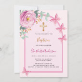 ピンクのバラの蝶フローラの緑のアーチ洗礼 招待状 (正面)