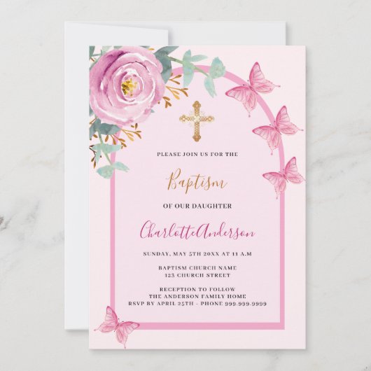 ピンクのバラの蝶フローラの緑のアーチ洗礼 招待状 (正面)