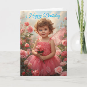 ピンクのバラの誕生日を迎えた小さな妖精の子 カード