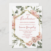 ピンクのバラの赤ちゃんシャワーの女スペインのの子 招待状 (正面/裏面)