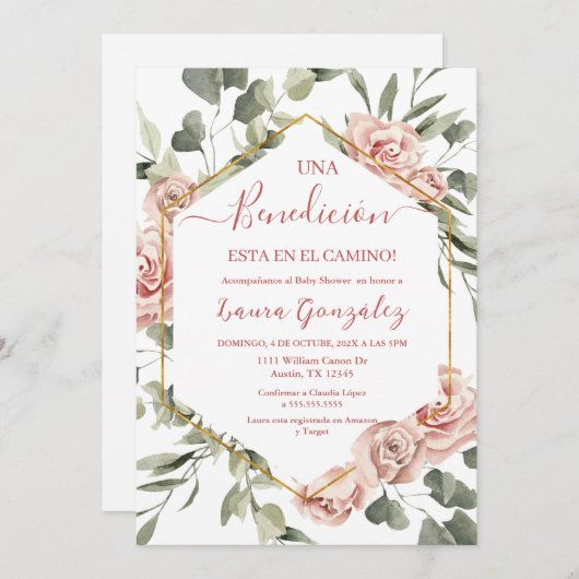 ピンクのバラの赤ちゃんシャワーの女スペインのの子 招待状 (正面/裏面)