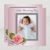 ピンクのバラの赤ちゃん女の子の写真の洗礼 招待状 (正面/裏面)