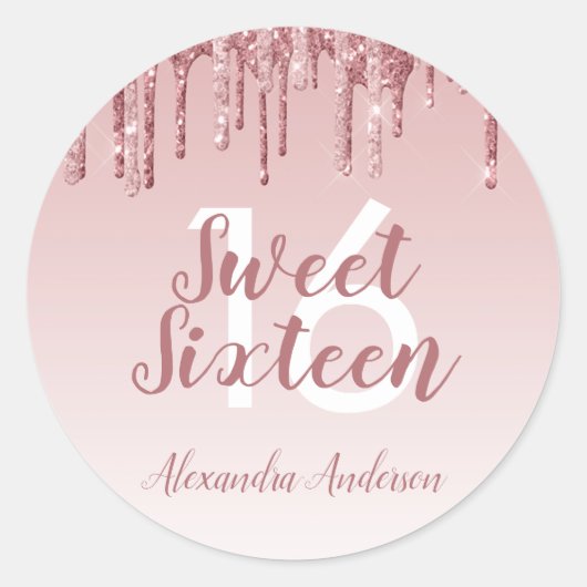 ピンクのバラの金ゴールドのグリッターおよび輝きの菓子16 ラウンドシール (正面)