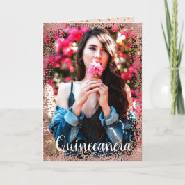 ピンクのバラの金ゴールドのグリッターの旗Español Quinceañera 招待状
