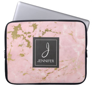 ピンクのバラの金ゴールドの大理石のエレガントなモノグラム ラップトップスリーブ