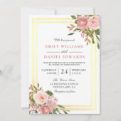 ピンクのバラの金ゴールドの花縁ど2つ結婚の 招待状 (正面)