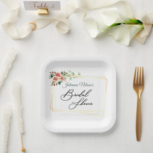 ピンクのバラの金ゴールドフレーム紙プレート ペーパープレート (ウェディング)