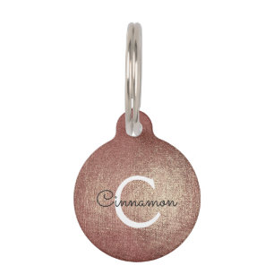 ピンクのバラの金ゴールドホイルの金属モノグラムの名前 ペット ネームタグ