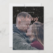 ピンクのバラの金ゴールド型ブラックグリッター写真結婚の写真 招待状 (正面)