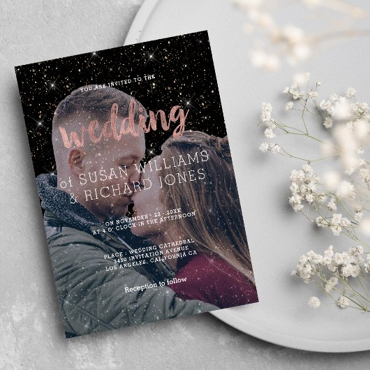 ピンクのバラの金ゴールド型ブラックグリッター写真結婚の写真 招待状