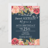 ピンクのバラの金ゴールド文字列ライトネイビーブルー甘い16 招待状 (正面)