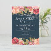 ピンクのバラの金ゴールド文字列ライトネイビーブルー甘い16 招待状 (スタンド正面)