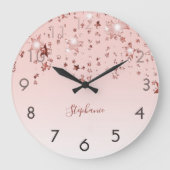 ピンクのバラの金ゴールド星の光沢のあるモノグラム ラージ壁時計 (正面)