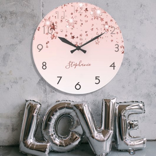 ピンクのバラの金ゴールド星の光沢のあるモノグラム ラージ壁時計