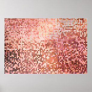ピンクのバラの金ゴールド正方形モザイクタイルのテクスチャバック ポスター