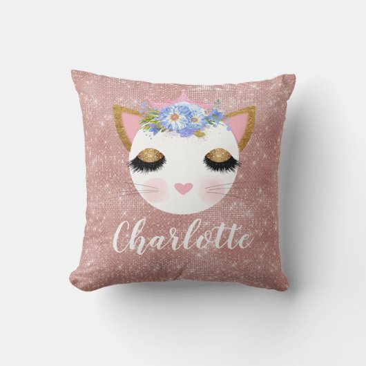 ピンクのバラの金ゴールド猫の王女パーソナライズされた クッション (正面)