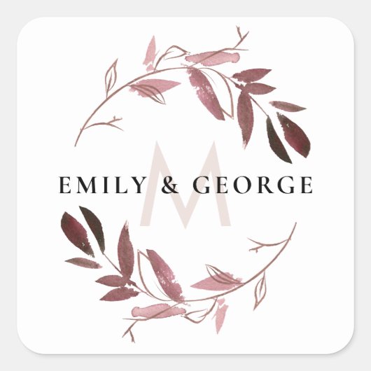 ピンクのバラの金ゴールド葉モノグラム結婚リース スクエアシール (正面)