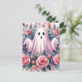 ピンクのバラの間のかわいい幽霊 ポストカード (スタンド正面)