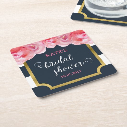 ピンクのバラの青い縞のブライダルシャワー スクエアペーパーコースター (アングル)