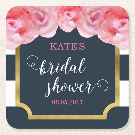 ピンクのバラの青い縞のブライダルシャワー スクエアペーパーコースター (正面)