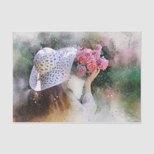 ピンクのバラの香りがする白い帽子の少女 薄葉紙 (正面)