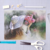 ピンクのバラの香りがする白い帽子の少女 薄葉紙 (クラフト)