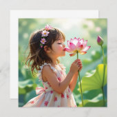 ピンクのバラの香りを嗅ぐかわいい少女 (正面/裏面)