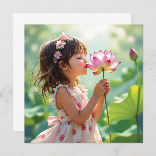 ピンクのバラの香りを嗅ぐかわいい少女 (正面/裏面)