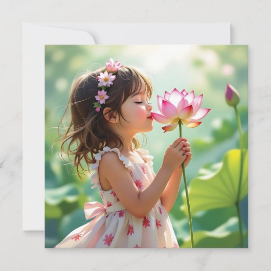 ピンクのバラの香りを嗅ぐかわいい少女 (正面)