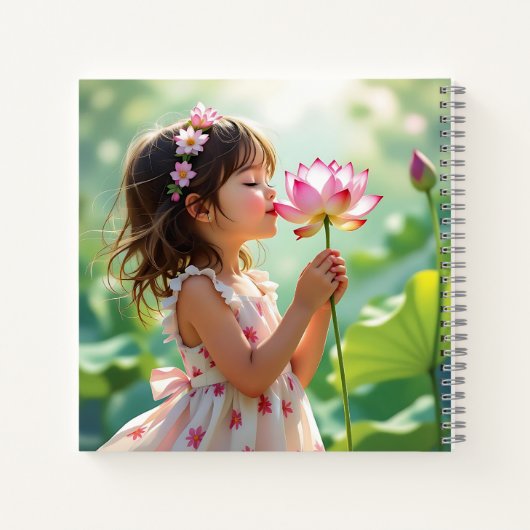 ピンクのバラの香りを嗅ぐ少女のパーソナライズされたイラスト ノートブック (裏面)