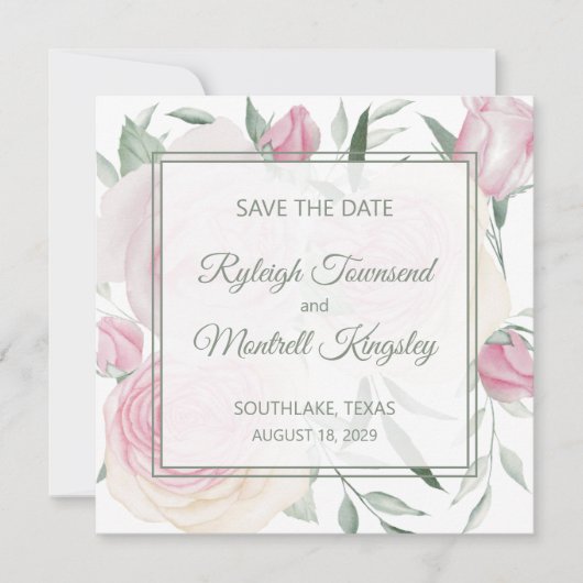 ピンクのバラのSave The Dateカード セーブザデート (正面)