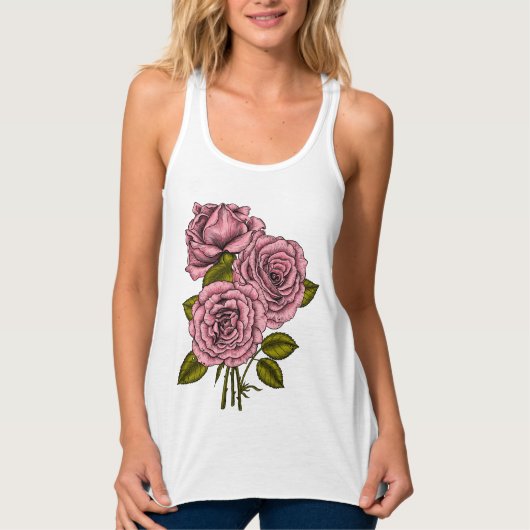 ピンクのバラのTシャツの花束 タンクトップ (正面)