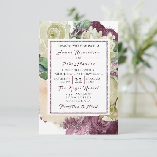 ピンクのバラのVIPを結婚しているクリーミーなMarsalaの花のバラ 招待状 (スタンド正面)