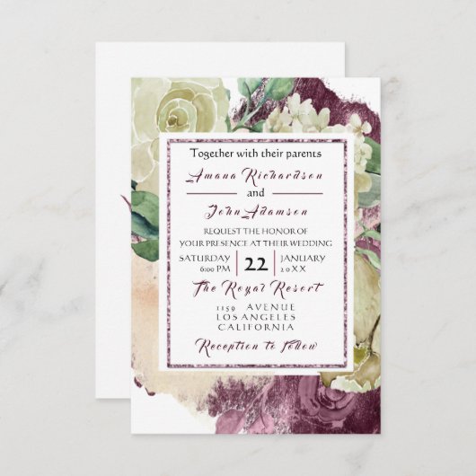 ピンクのバラのVIPを結婚しているクリーミーなMarsalaの花のバラ 招待状 (正面/裏面)