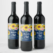 ピンクのバラひまわりネイビーブルー21st誕生日 ワインラベル (ボトル)