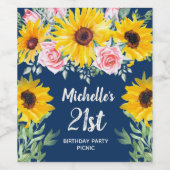 ピンクのバラひまわりネイビーブルー21st誕生日 ワインラベル (シングルラベル)