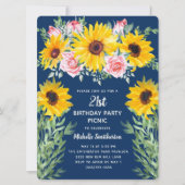 ピンクのバラひまわりネイビーブルー21st誕生日 招待状 (正面)