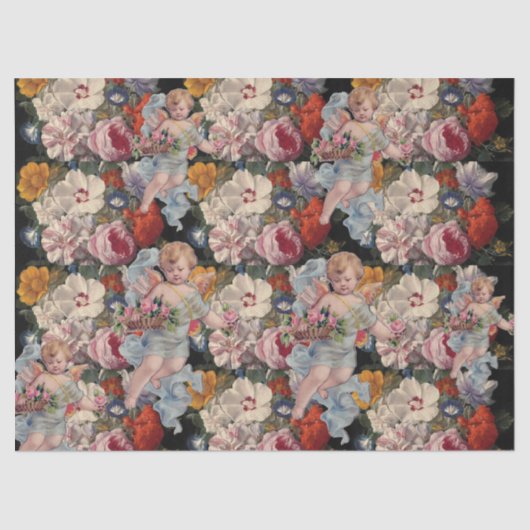 ピンクのバラや花を集めるロマンチックな天使 薄葉紙 (正面)