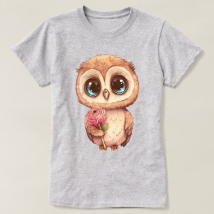 ピンクのバラを持ったかわいい漫画フクロウ Tシャツ
