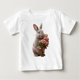 「ピンクのバラを持つかわいいウサギ」のアートデザイン ベビーTシャツ